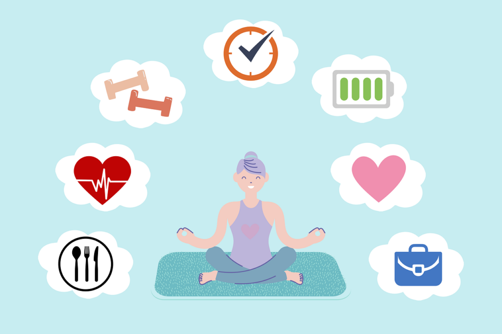 Illustration einer Person beim Meditieren mit Symbolen für Gesundheit, Fitness, Liebe und Produktivität, die Balance im Leben darstellen.